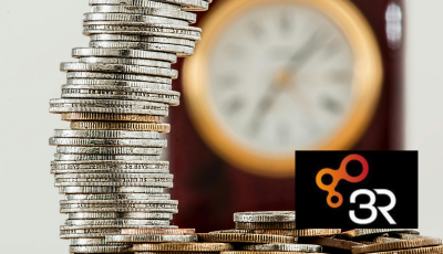 tower of coins with blurred clock in background and 3R logo