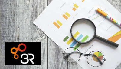 Sheets of paper with graphs and magnifying glass. 3r logo