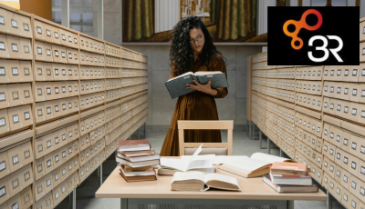 Person looking at book surrounded by reference card drawers