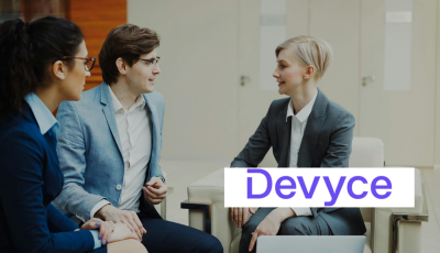 Image of people talking with devyce logo
